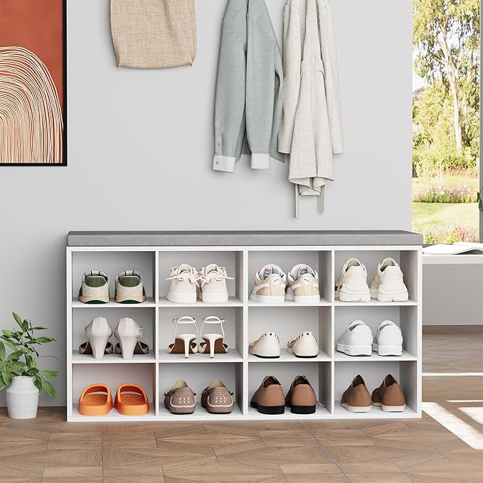 12-Cubby Shoe Rack with Cushion, 3-Tier Wood Shoe Organizer, Multifunctional Shoe Organizer Bench for Entryway, Mudroom, Hallway, Closet,36.22 * 11.81 * 17.7 Inch, White
