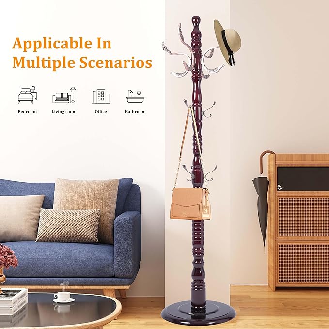 Wooden Coat Rack Freestanding with Metal Hooks, Coat Hanger Stand Coat Tree with Adjustable Height 47’’-72.8’’, Modern Coat Rack for Entrance, Office, Living Room, Bedroom, Corridor