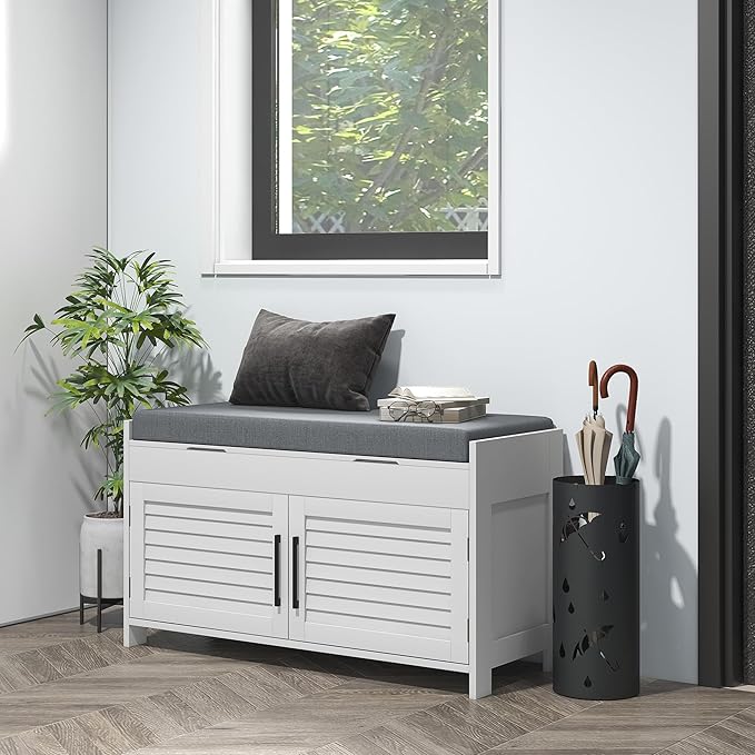 HOMCOM Entryway Bench with Shoe Storage, Cushion, Hidden Compartments, Adjustable Shelves and Shutter Doors, 35.4" Organizer for Entryway, Hallway, Holds Up to 352 lbs., White