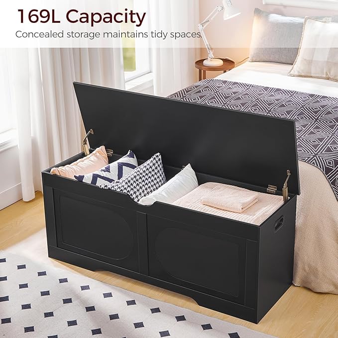 Storage Chest, 47.2” Toy Box, Entryway Storage Trunk, Shoe Bench with Storage, Engineered Wood Storage Cabinet with 2 Safety Hinges, Entrance Bench for Bedroom, Living Room, Black SCBK2201