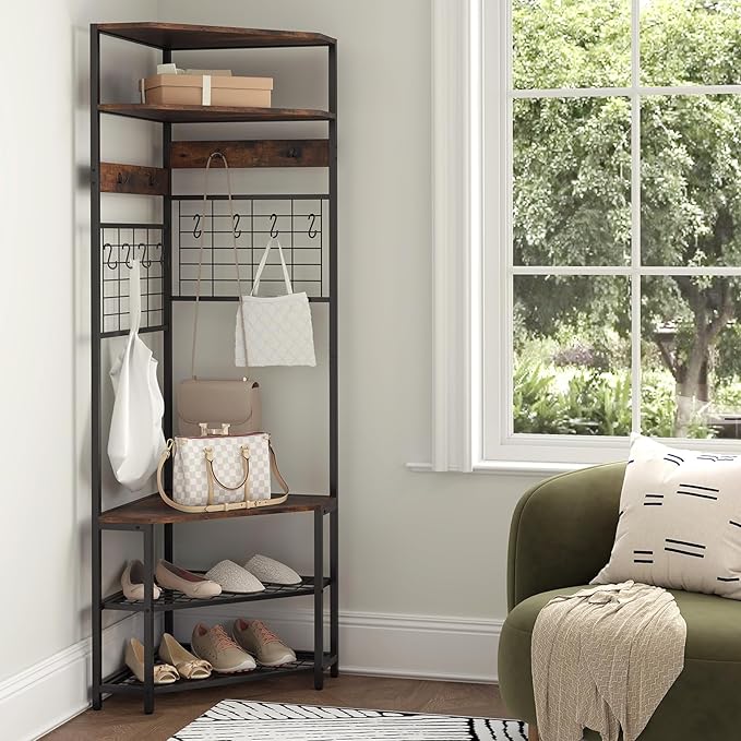 Giantex Corner Hall Tree, 73" Tall Coat Rack w/Shoe Storage Bench, 12 Metal Hooks, 5-Tier Entryway Shoes Shelf Organizer, Freestanding Clothes Rack for Living Room, Bedroom (Rustic Brown & Black)