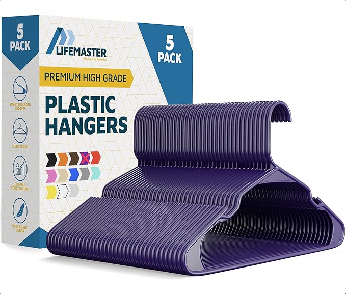 Lifemaster Plastic Clothes Hangers – Heavy Duty Hanger Set, for Organizing Clothes, Dresses, and Coat, Holds Up to 5 lbs, Space-Saving Hangers with Non-Slip Shoulder Grooves, Pack of 5, Purple