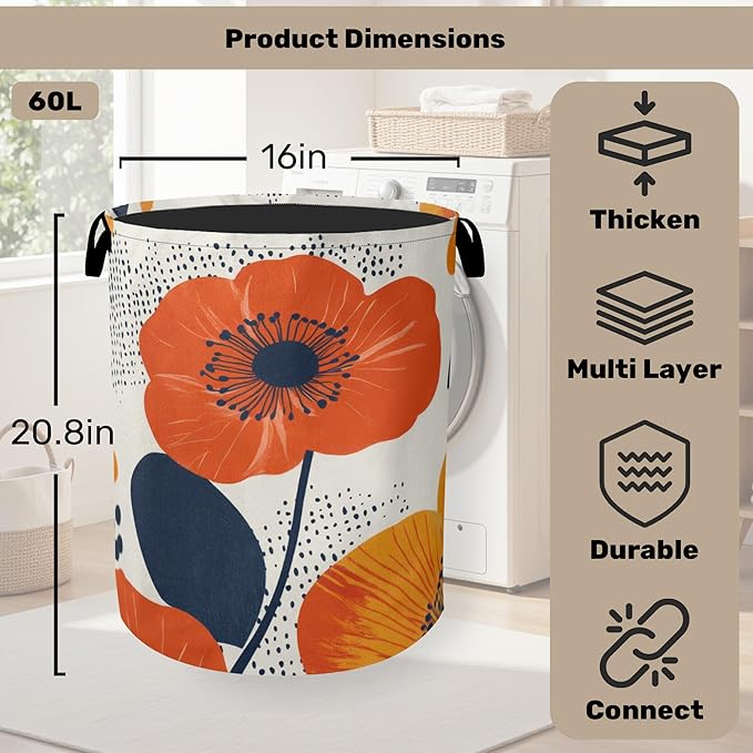 Modern Minimalist Red Flowers Foldable Canvas Laundry Basket with Handles - Storage Organizer, Heavy Duty for Home，Bedroom, Dorm, Bathroom
