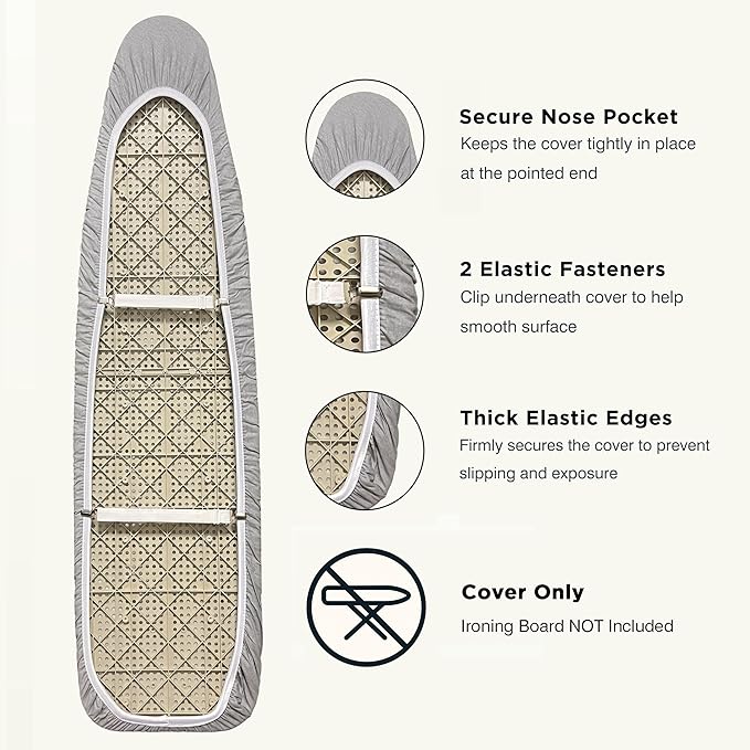 Ironing Board Cover and Pad 18"x54" Extra Thick Natural Cotton, Scorch and Stain Resistant Iron Board Cover, Extra Large Iron Board Cover with Fasteners Heavy Duty Heatproof Elastic Edge Gray
