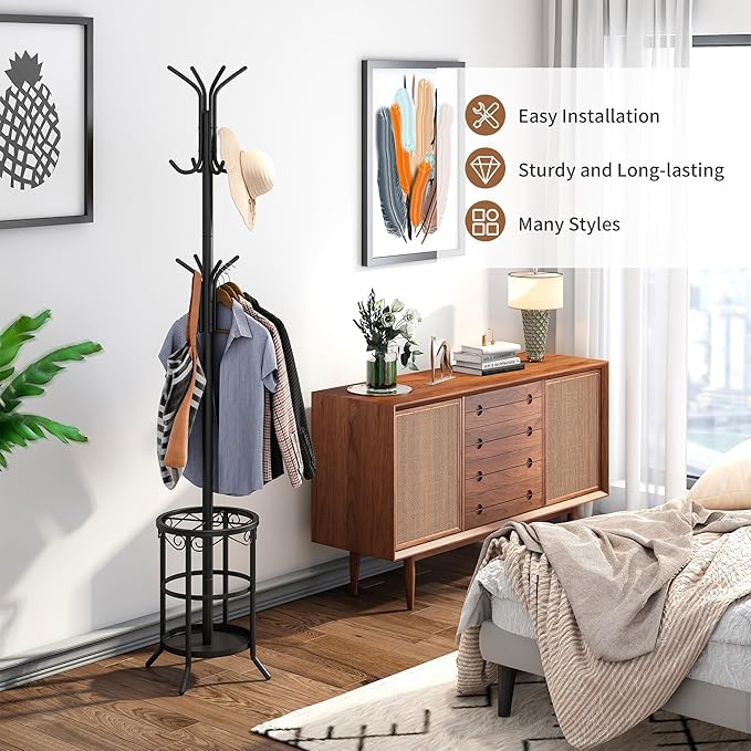 FILWH Coat Rack Freestanding with Umbrella Stand Coat Rack Stand with 12 Hooks Metal Coat Tree Coat and Hat Hanger Jacket Entryway(Black)