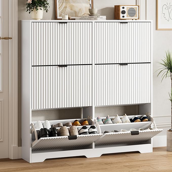 Shoe Cabinet Storage for Entryway with 6 Flip Drawers, White Fluted Shoe Cabinet with Adjustable Shelves, Wooden Hidden Shoe Rack Freestanding Narrow Slim Shoes Storage for Hallway, Entrance