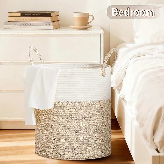 Tall Laundry Basket with Handles, 88L Portable Dirty Clothes Hamper, Boho Cotton Rope Storage Bin for Blankets Kids Toys Gifts, Large Organizer for Baby Nursery Bedroom Bathroom, Brown