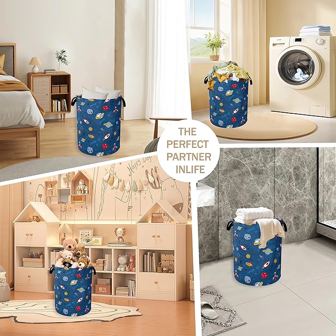Cartoon Planets Rockets Laundry Hamper,Out Space Clothes Hamper for Laundry,Waterproof Oxford Toy Storage Collapsible Hampers for Bedroom, Dorm Room,Bathroom,16x20 Inch