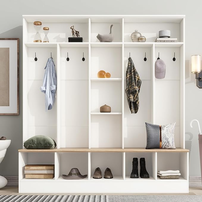 4-in-1 Wide Design Hall Tree with Storage Bench, Minimalist Shoe Cabinet with Cube Storage & Shelves, Multifunctional Coat Rack with 8 Hooks for Entryways Mudroom