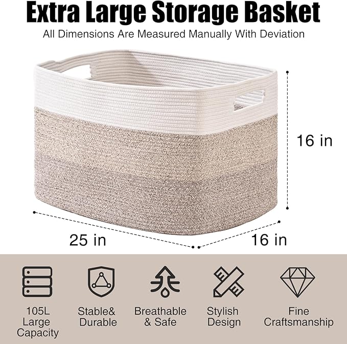 Extra Large Blanket Basket Living Room, Rectangle Storage Basket, Large Woven Baskets for Storage, Cotton Rope Basket for Toys, Clothes, Gradient Brown - 25”x16”x16” (105L)
