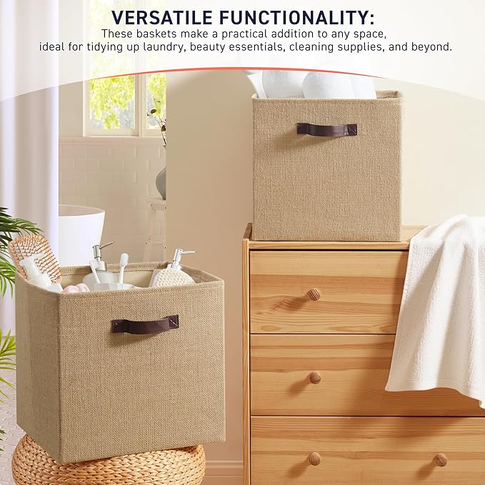 Ornavo Home 13 x 13 Storage Cube Bins, 6 Pack Jute Baskets, Fabric Storage Bins Shelf Basket Cube Organizer for Closet Foldable Collapsible with Leather Handles
