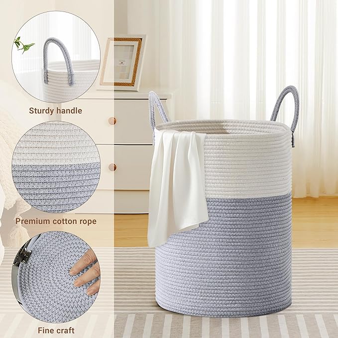 Tall Laundry Basket with Handles, 58L Portable Dirty Clothes Hamper, Boho Cotton Rope Storage Bin for Blankets Kids Toys Gifts, Decorative Organizer for Baby Nursery Bedroom Bathroom, Grey
