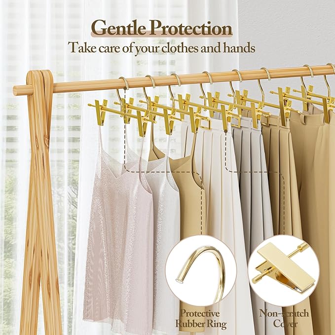 Matte Gold Aluminum Pants Hangers 10 Pack, Lightweight Skirt Hangers with 360°Swivel Hooks and Non-Slip Adjustable Clips for Trousers, Skirts, Jeans, Kids & Adults, Durable, Space-Saving