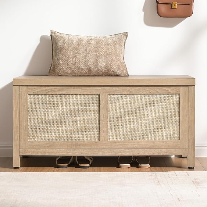 SICOTAS Rattan Storage Chest Set of 2-39.4" Storage Bench for Bedroom, Boho Storage Truck with 2 Safety Hinges and Flip Top for Living Room Entryway, Supports 220 lb, Light Oak, 2 PCS