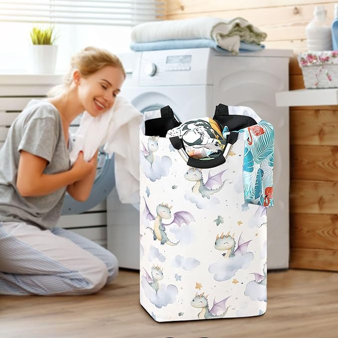xigua Watercolor Dragon Large Laundry Hamper with Handle, Foldable Clothes Hamper Collapsible Storage Basket for Toys and Clothes Organization in Bedroom, Bathroom, and Laundry Room