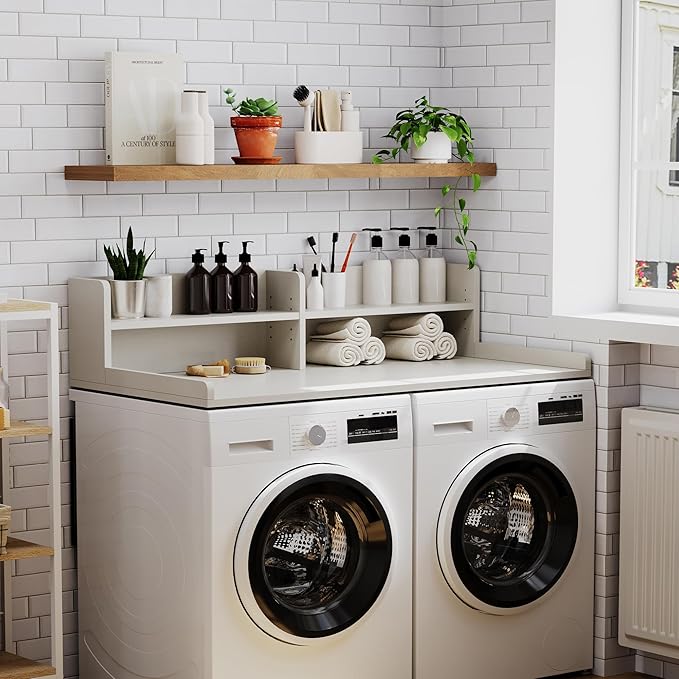 ChooChoo 2-Tier Washer Dryer Countertop with Adjustable Shelf, Spacious Laundry Room Storage for Folding Clothes and Efficient Organization, White