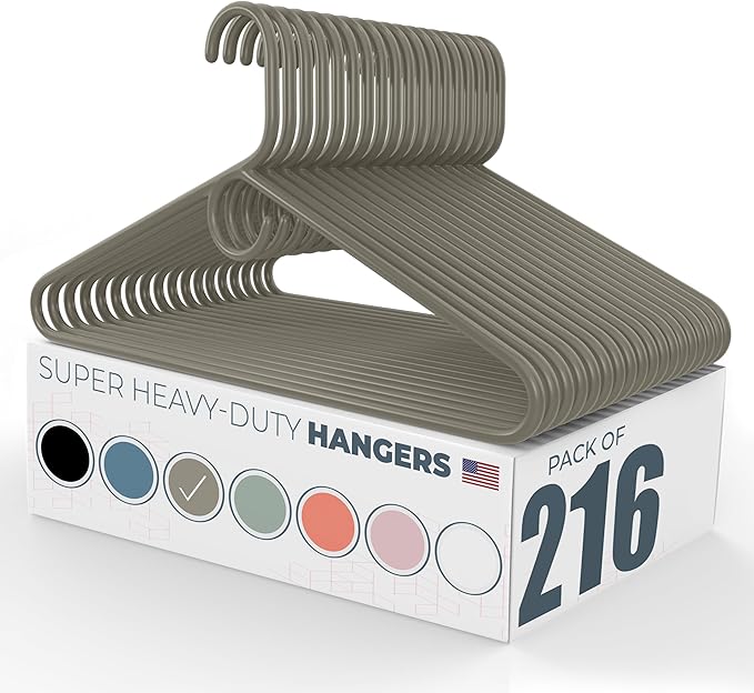 Neaties Super Heavy Duty Clothes Hangers 100+ Pack (216 Count) – Made in the USA - 10lb Capacity, Thick Plastic Hangers for Pants, Coats, Jackets, Jeans and Adult Clothing – Gray