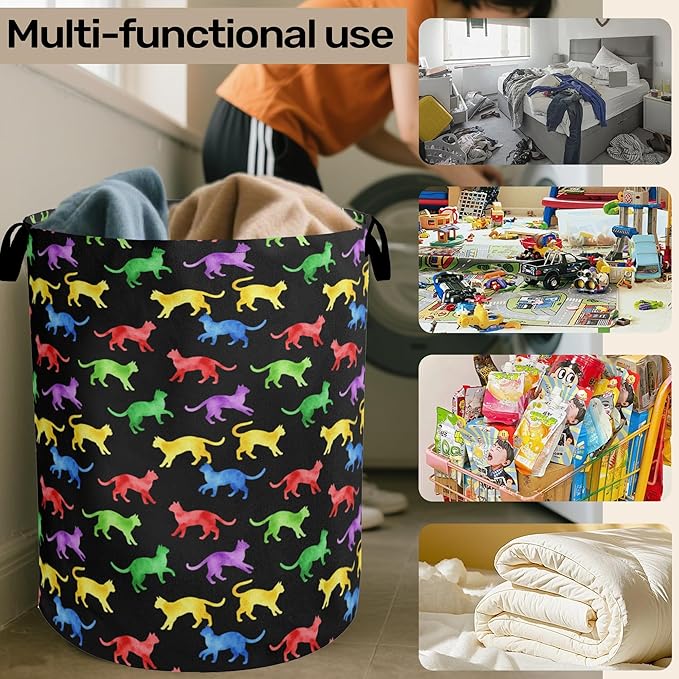 Colorful Cat Silhouette Laundry Basket with Handles - Extra Large Foldable Hamper for Bathroom/Laundry/Bedroom/Dorm, Washable Fabric Storage Bin