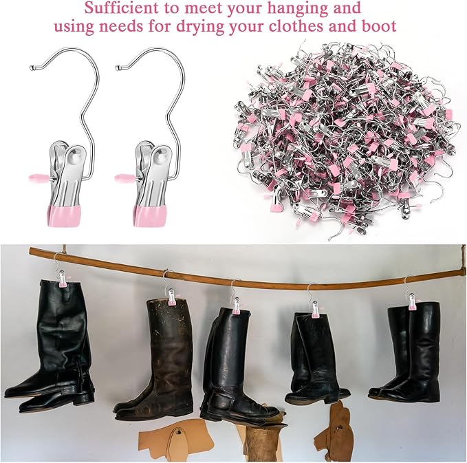 Yinder 250 Pcs Boot Hangers Clips Laundry Hooks Hanging Stainless Steel Clothes Pins Portable Clip Hangers for Closet Travel Socks Pants Handbags Hats Towels (Pink)