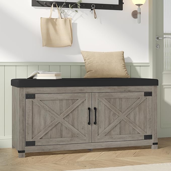 Shoe Storage Bench, 2 Tier Shoe Bench with Padded Seat Cushion & 2 Barn Doors, Entryway Bench with Adjustable Shelf, Farmhouse Shoe Cabinet for Living Room, Bedroom, Greige SB26605BK