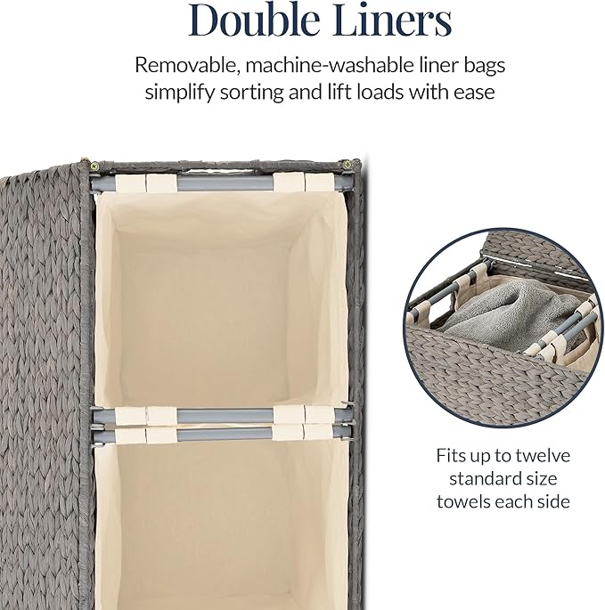 Best Choice Products Large Double Laundry Hamper with Lid, Natural Handwoven Water Hyacinth, 2 Sections w/ 2 Machine Washable Linen Liner Bags, Portable, Handles - Gray