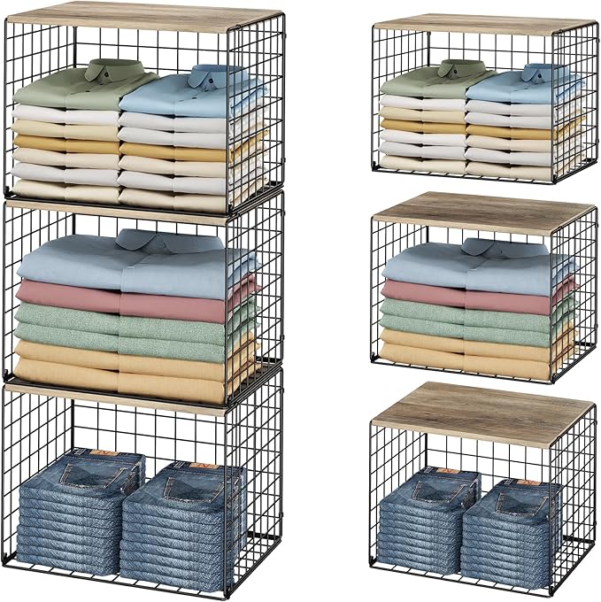 Widened & Heightened Closet Organizers And Storage Shelves With Top Board, Set of 3 Stackable Closet Shelf Organizer Storage Bin Basket For Clothes Sweaters,Space-saving, Sturdy,Wider Higher Size