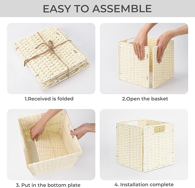StorageWorks Beige Wicker Baskets, Handwoven Storage Cubes with Handles, Foldable Paper Rope Basket for Organizing, 9 inch, 2 Pack