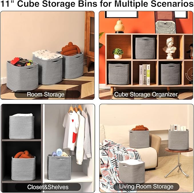 11 Inch Cube Storage Bins, 11x11 Organizer Bins for Cube Organizer, Square Cloth Storage Cubes, Woven Storage Baskets for Shelves, Toy Rope Baskets Storage Kids, Grey (Pack of 3)