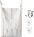 AELS Farmhouse Hanging Laundry Hamper with 2 Hooks, Boho Beige & Gray Stripes Laundry Bag with Zipper & Wide Open Top, Over the Door Organizer for Dirty Clothes, Washable Space Saving Storage