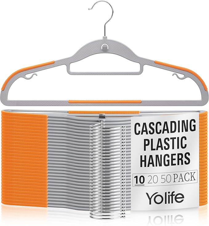 Yolife Cascading Plastic Clothes Hangers 10 Pack with Inner Hook for Vertical Storage, Slim Space Saving Hangers with Non-Slip Pads, 360° Swivel Metal Hook, Versatile, Gray & Orange