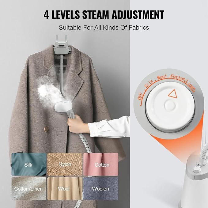Standing Steamer with Garment Hanger, 1.7L Water Tank for 90min Continuous Steaming, Heats in 45 Seconds, Double-Insulated Steam Hose