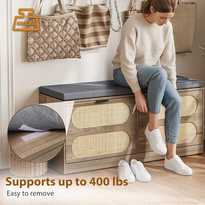 Rattan Storage Bench with Cushion & Coat Rack, Shoe Rack with 2 Flip Drawers, Narrow Shoe Storage Cabinet, Shoe Bench for Entryway, Living Room, Rustic Oak, Oval