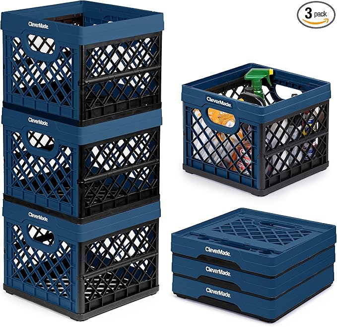 CleverMade Collapsible Milk Crate 25L (6.6 Gal) 3 Pack, 50 lb Heavy Duty Folding Crate – Stackable Storage Crates with File Rails, Plastic Collapsible Crates for Storage - Ocean
