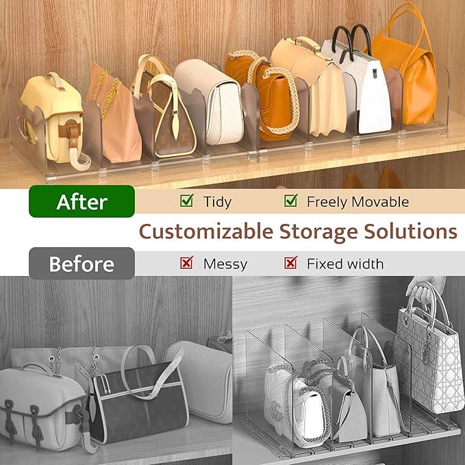 2-Pack Purse Organizers for Closet, Adjustable Small Shelf Divider Rack for Closet, Clear Handbag Storage Organizer, Plastic Bookshelf Separator Divider for Bedroom Living Room Office