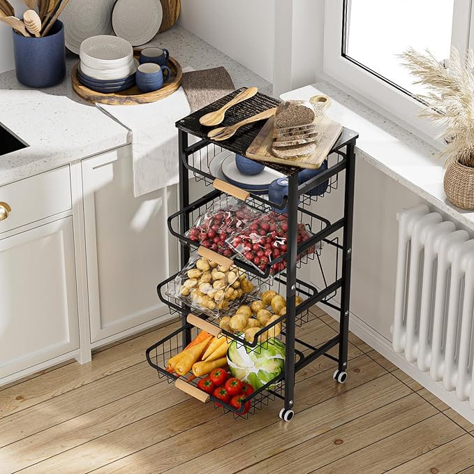 JAQ 5-Tier Fruit Vegetable Storage Cart with Wood Top, Rolling Kitchen Basket Organizer with Ergonomic Wood Handle & Wheels for Snacks Produce, Heavy Duty Metal Vianderos para Cocina Modernos, Black