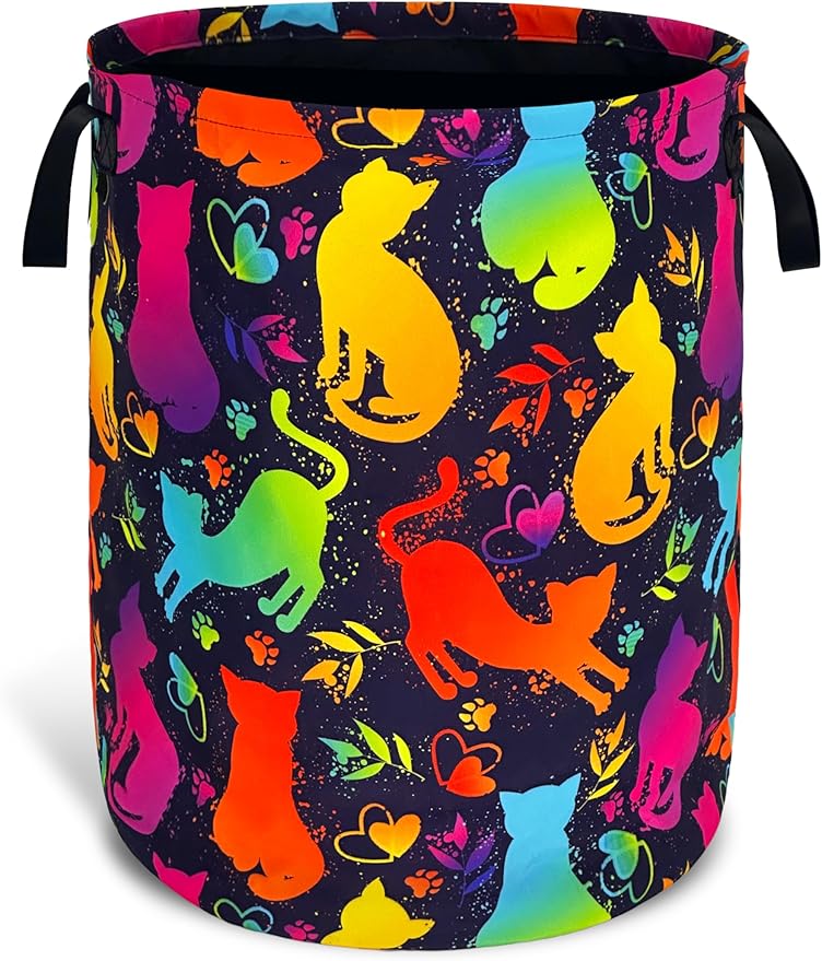 Cute Colorful Cat Laundry Basket Foldable Oxford Cloth With Handle Portable Neon Storage Basket Organizer Suitable For Laundry Room/Bedroom/Living Room/Children'S Room (18.9 X 16.5 Inch)