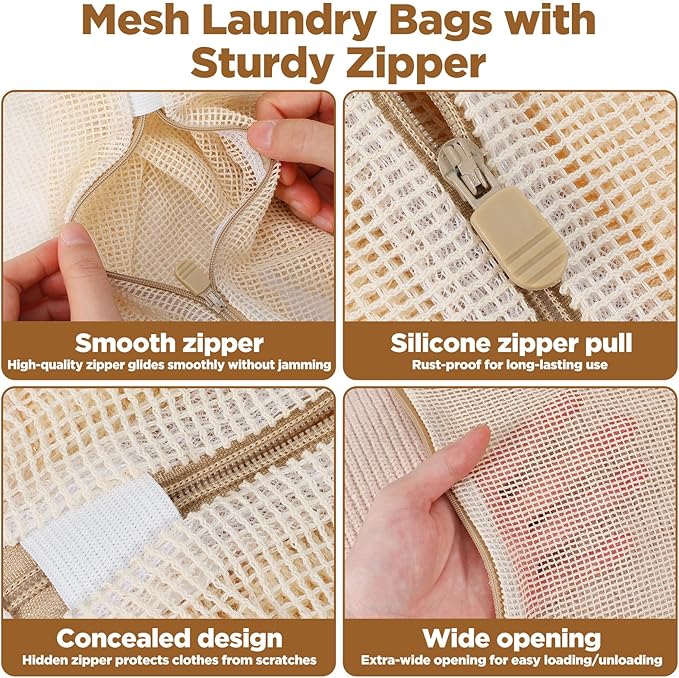 4 Pcs Cotton Mesh laundry Bags for Delicates 19.6×15.7 inch Large Organic Cotton Mesh Laundry Bags Durable Breathable with Zipper Garment Was Bag for Lingerie Underwear Baby Clothes Pants Socks