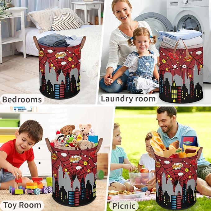 Boys Laundry Hampers for Bedroom Spider Web Collapsible Sturdy Dirty Clothes Basket with Handles for Kids Room Bathroom Living