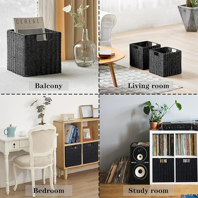 Vagusicc Wicker Storage Basket, Set of 2 Hand-Woven Wicker Basket, Foldable Cube Storage Bin, Black Storage Basket, Square Storage Baskets for Organizing Shelves & Decor, Black (11″×11″×11″)