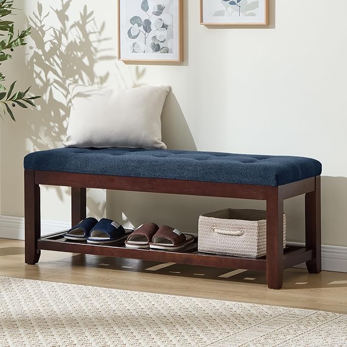 Shoe Bench Entryway, 44" End of Bed Bench,Upholstered Linen Bench for Living Room,Fabric Ottoman Bench with Solid Wood Shelf for Bedroom, Entrance Darkblue
