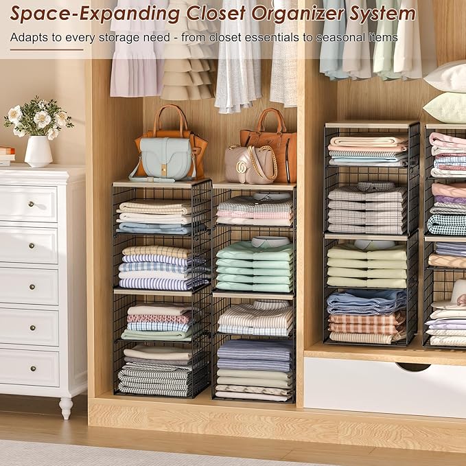 4-Tier Stackable Closet Organizers and Storage, Closet Shelves with Adjustable Dividers & Wood Top Extra Storage, Clothes Storage Basket Bins for Wardrobe, Closet Organizer System, Black