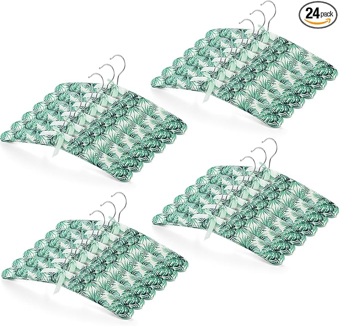 Jetec 24 Pieces Satin Padded Hangers with 360° Swiveling Hook Sponge Shoulder Pads Hanger for Coat, Sweaters, Blouse, Wedding Dress, Women Cloths(Eucalyptus Style)