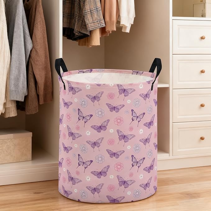 ESSME Kids Laundry Basket,Butterfly Hamper Collapsible Canvas Waterproof Storage Bin for Boys, Cute Hamper,Gift Baskets(Pink butterfly)