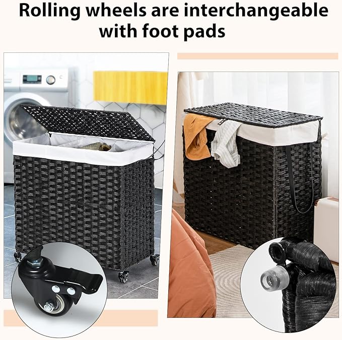 Giantex Laundry Hamper with Wheels and Lid, 125L Rattan Clothes Hamper with 2 Removable Liner Bags & Handle, 3-Section Foldable Laundry Sorter, Rolling Wicker Laundry Basket for Bathroom(Black)
