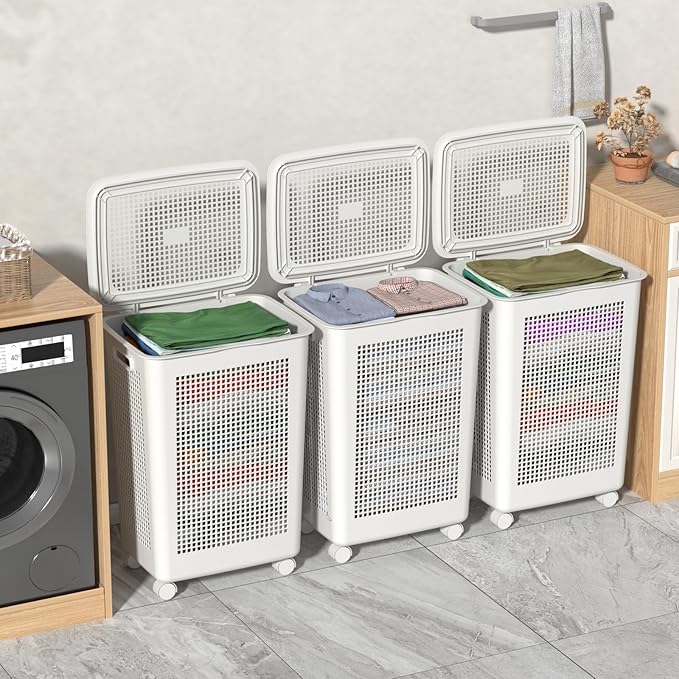 4 Packs 65 Liters Laundry Hamper Baskets with Lids and Wheels, Large Plastic Clothes Baskets