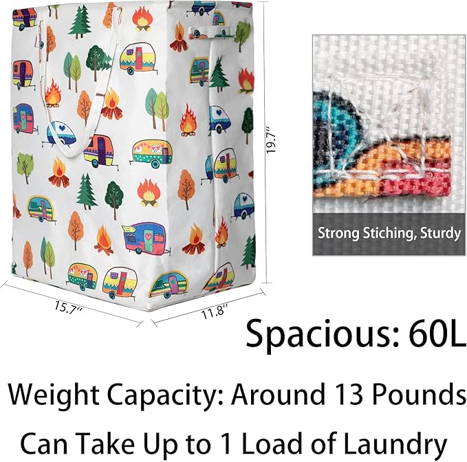 Kay&J Collapsible 60L Laundry Basket, Slim and Tall Laundry Hamper, Long Handles for Portability, Great for Home and Camper Use, Camper Gift RV Travel Trailer Camper Accessories