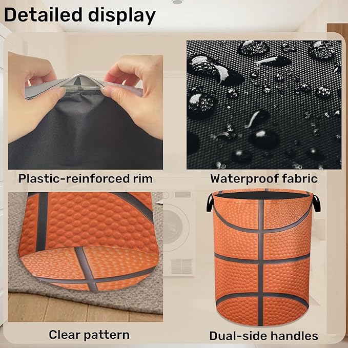 Basketball Laundry Basket with Handles - Extra Large Foldable Hamper for Bathroom/Laundry/Bedroom/Dorm, Washable Fabric Storage Bin