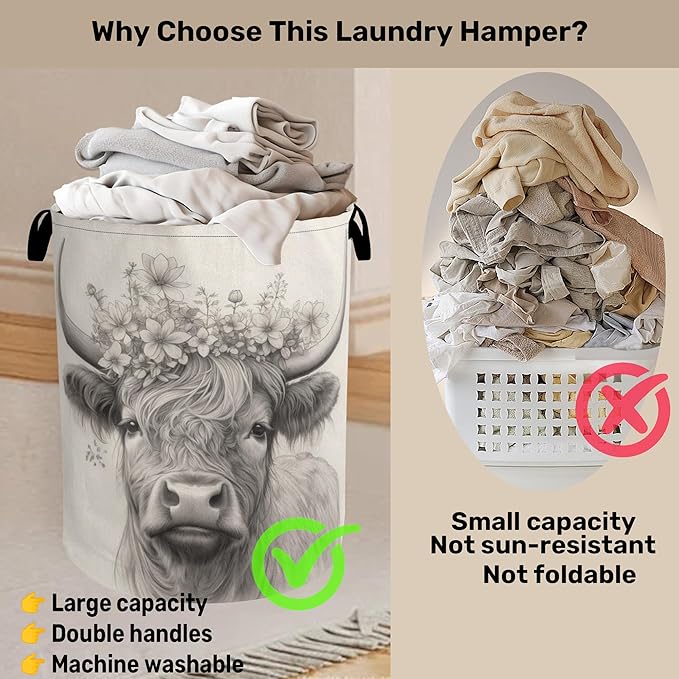Highland Cow Foldable Laundry Hamper - Waterproof Fabric Storage Basket with Handles, Clothes Hampers for Laundry,Bedroom,Dorm