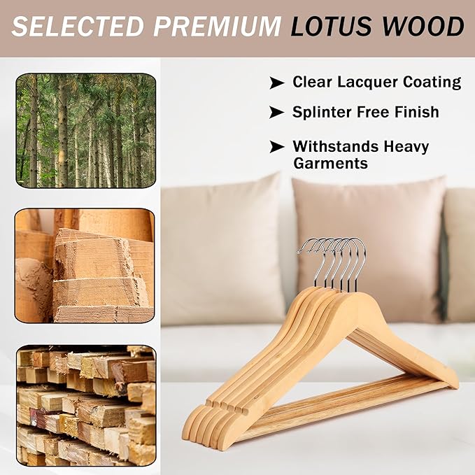 Wooden Hangers Premium Natural Bamboo Wood Hanger Well Polished Ergonomic Design & Sharply Cut Notches with Swivel Hook (Light Brown, Pack of 20)