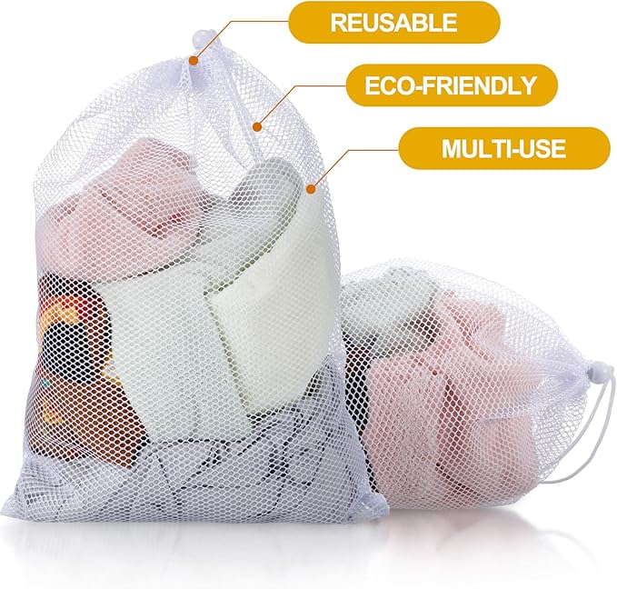 TecUnite 10 Pcs Mesh Laundry Bags with Drawstring Multicolor Mesh Sack Bag Nylon Gift Dishwasher Bag with Sliding for Storage Clothes Socks Jewelry Gifts Toys Fruit(24 x 36 Inch,White)
